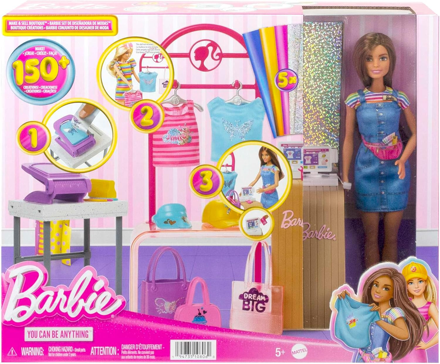 Barbie Fashion Boutique Playset - foliemönsterdocka, över 150 originalutseende, innehåller 2 blusar och 5 folielakan, klädställ och kreditkortsläsare, 3+, HKT78