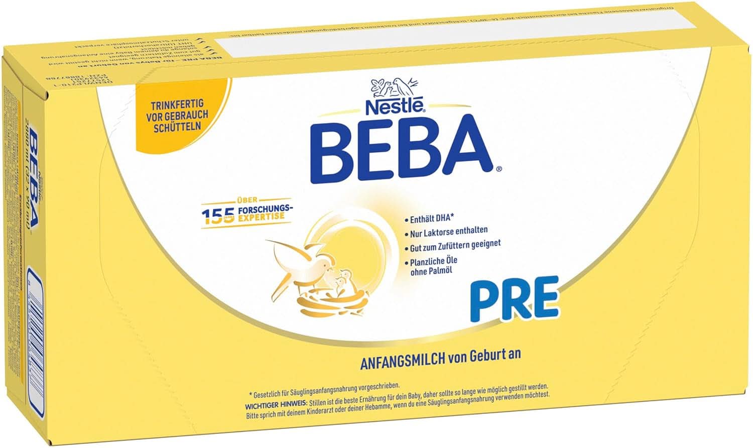 BEBA PRE Initial mjölk från födseln, barnmat med DHA, endast laktos, utan palmolja, förpackning 3 (3 x 800 g) Naty Shop PRE 32 x 90 ml 32 x 90 ml