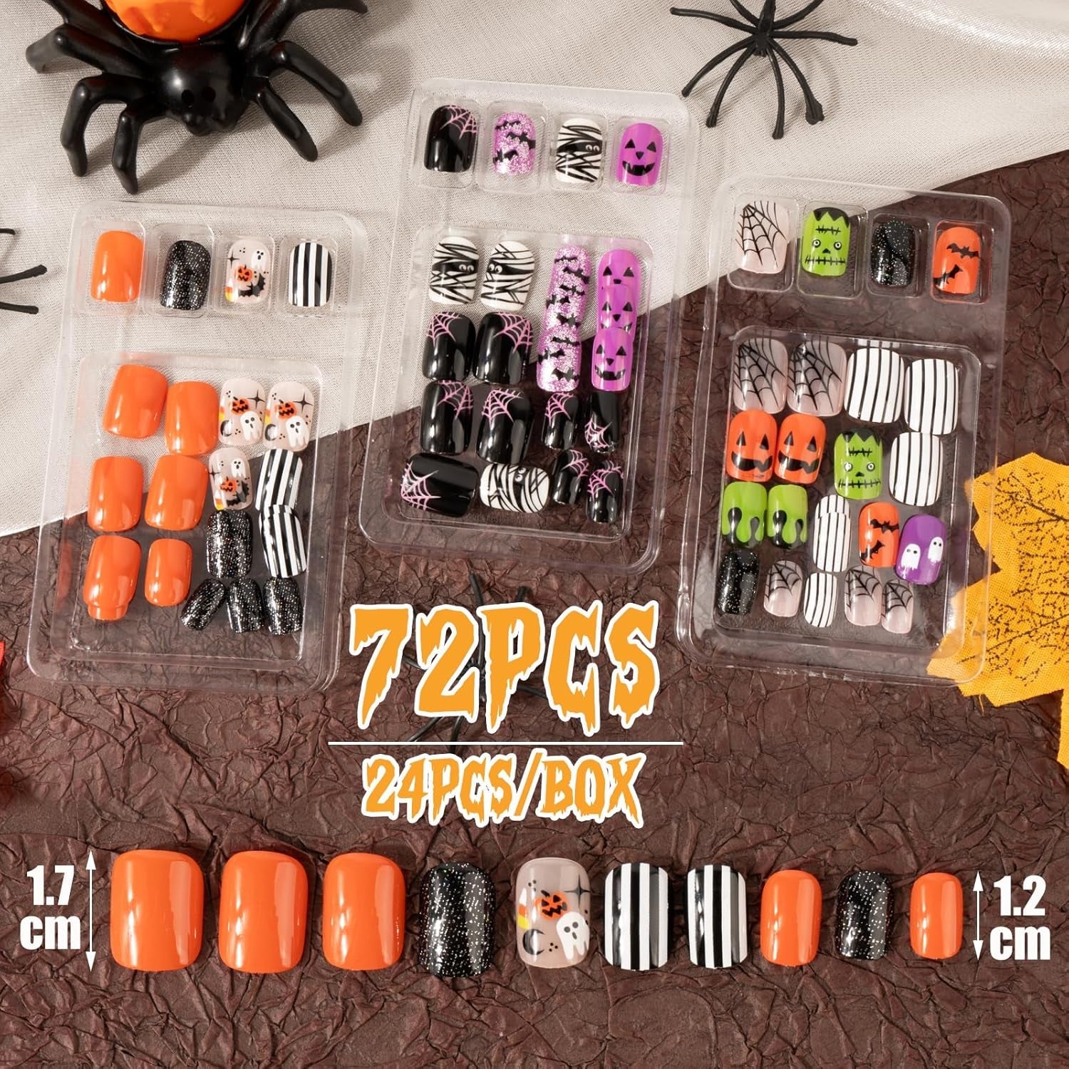 72 st Halloween naglar självhäftande falska naglar Korta konstnaglar Självhäftande pressade naglar Pumpkin Ghost konstnaglar tips Nail Art Orange Grön Svart