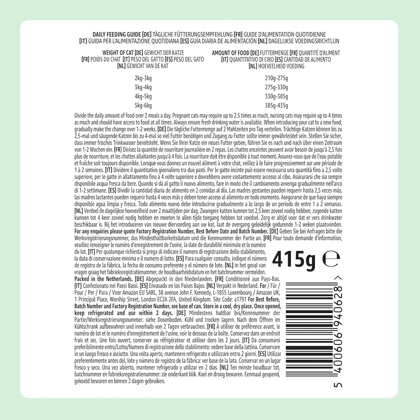 Amazon spannmålsfri våt kattmat Konserverade kycklingbitar i gelé 12 x 405 g