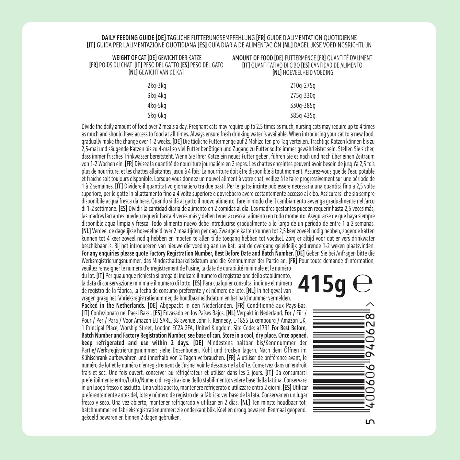 Amazon spannmålsfri våt kattmat Konserverade kycklingbitar i gelé 12 x 405 g