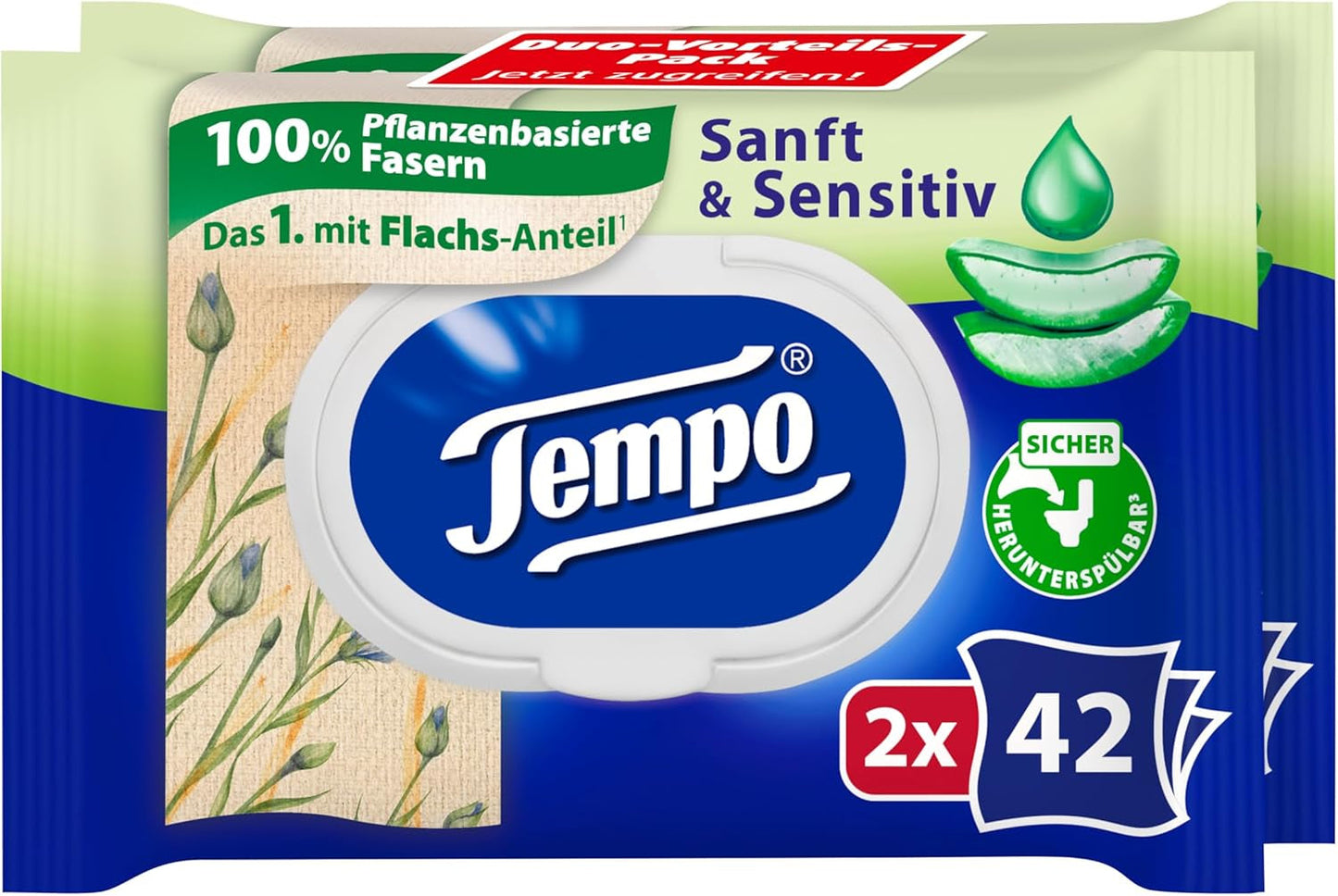 Tempo ''Gentle & Sensitive'' våttoalettservetter - Megapack - 16 paket med 42 våtservetter vardera - Duo Pack - Natural Aloe Vera - Hygieniskt papper, dermatologiskt testat, hudneutralt