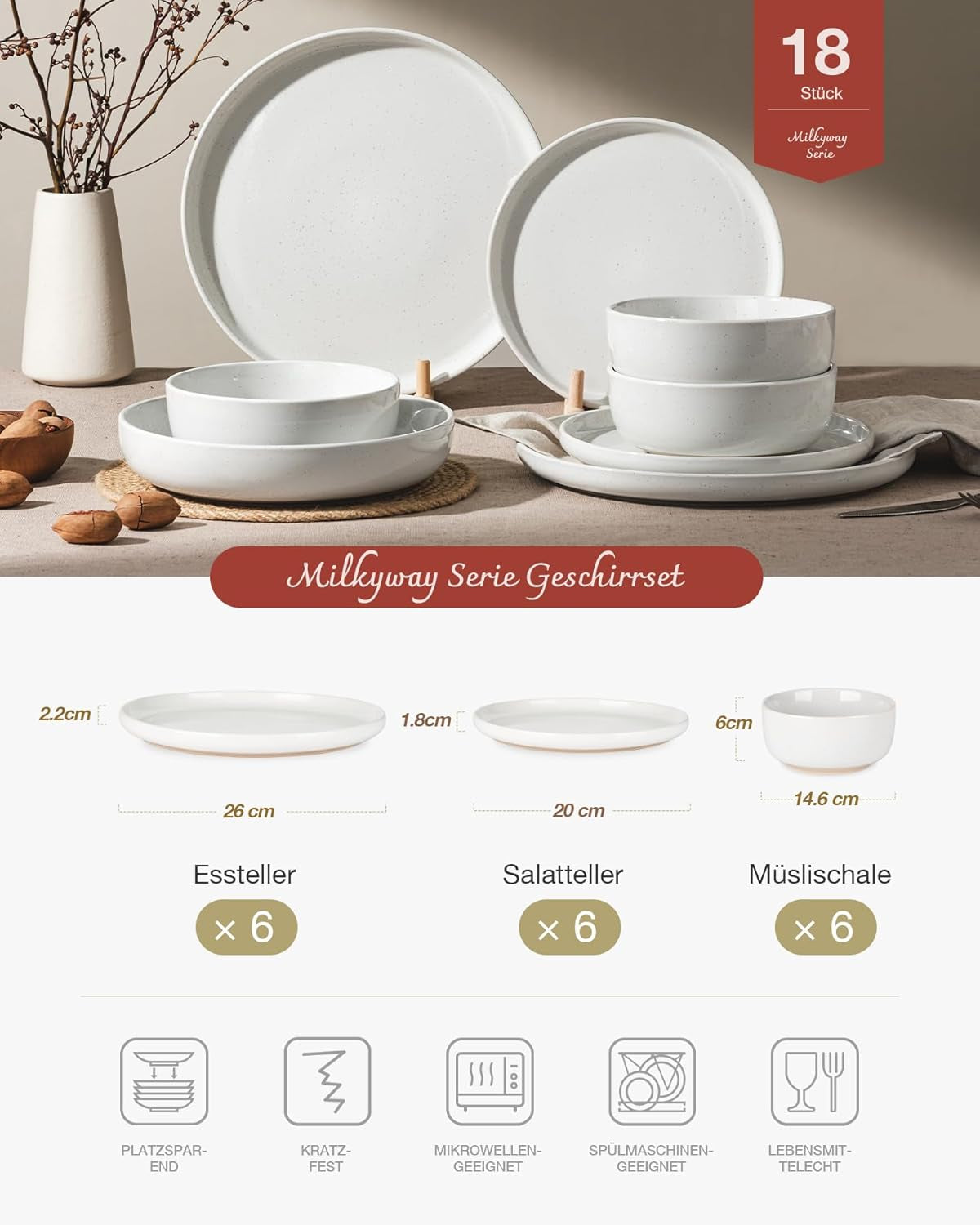 Milkyway servisset, 18-delat servisset, 6-personers mattallrikar i stengods, desserttallrikar, flingskålar, mikrovågs- ​​och diskmaskinssäker, vit