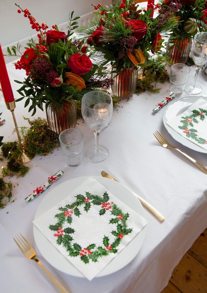 Talking Tables 20 XL julpappersservetter med Holly Design | Lyxiga engångsservetter | Återanvändbar | Perfekt för jul- och middagsfester | Hög kvalitet | 40 cm X 40 cm