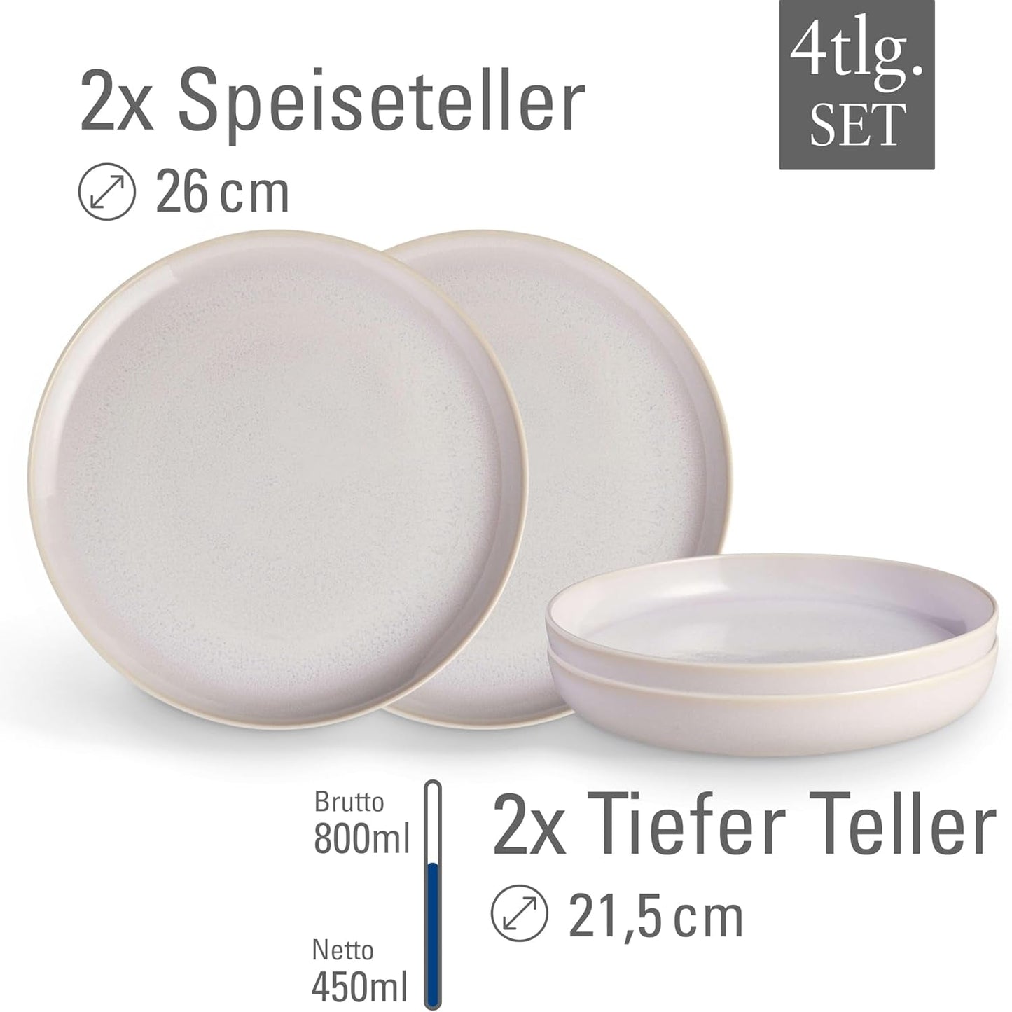 som. av Villeroy & Boch – Crafted Cotton Dinner-Set 4 teilig Weiß, Spülmaschinenfest, Mikrowellensicher, Geschirrset, Tafelservice Modern, Speiseteller, Tiefe Teller, Pottery-Look, Premium Porzellan