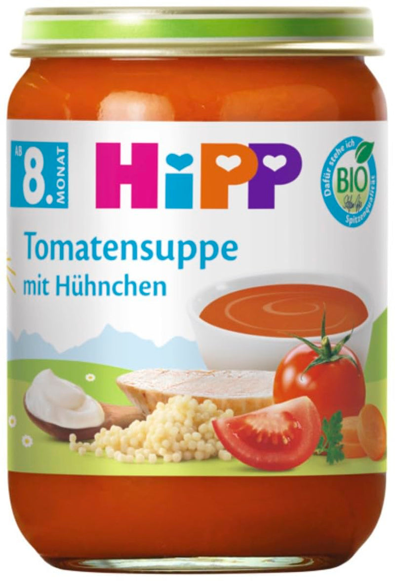 Ekologisk HiPP kycklingtomatsoppa (6 x 190g), från 8 månader, utan tillsats av salt, med små bitar - för att lära sig tugga, med Omega 3, av bästa ekologiska kvalitet