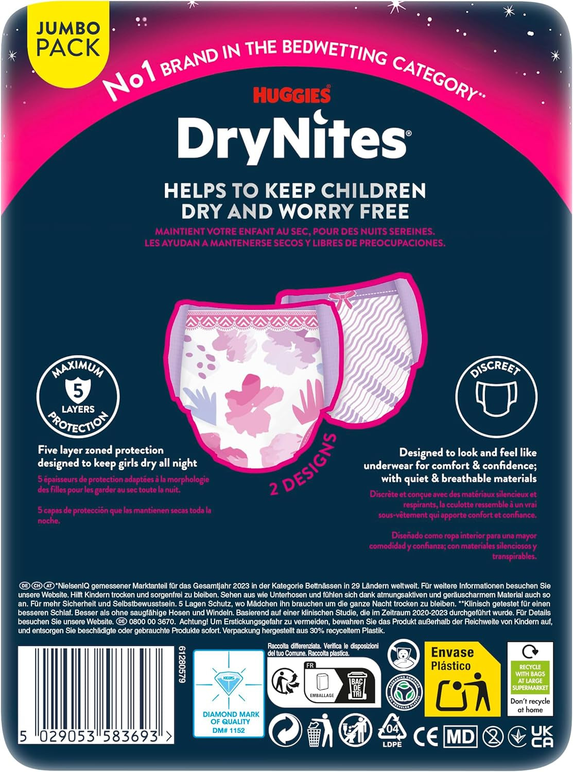 Huggies DryNites nattblöjor för sängvätning för flickor 13-ungefär 17 år (48-60 kg) 33 Count (3 x 11) Jumbo månadspaket XL blöjbyxor