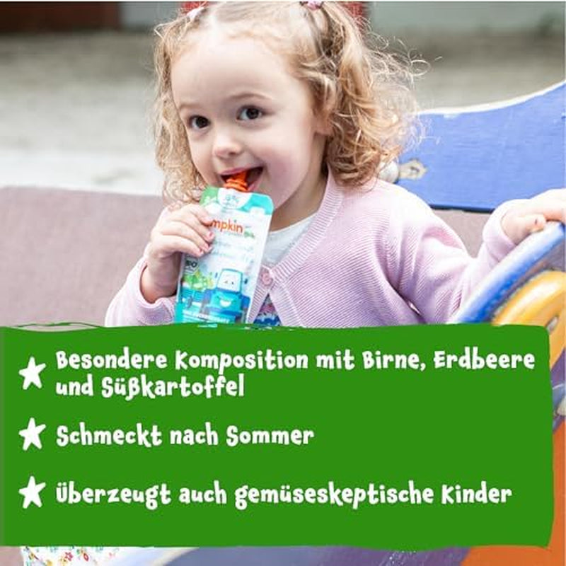 Pumpkin Organics-påsar med ekologiska grönsaker och flingor, 8-pack: Päron, Jordgubbar, Sötpotatis, Rödbetor, Banan, Havre - Inget tillsatt socker¹ - Från 6 månader - som mellanmål eller kompletterande mat i förpackningen (8 x 100g)