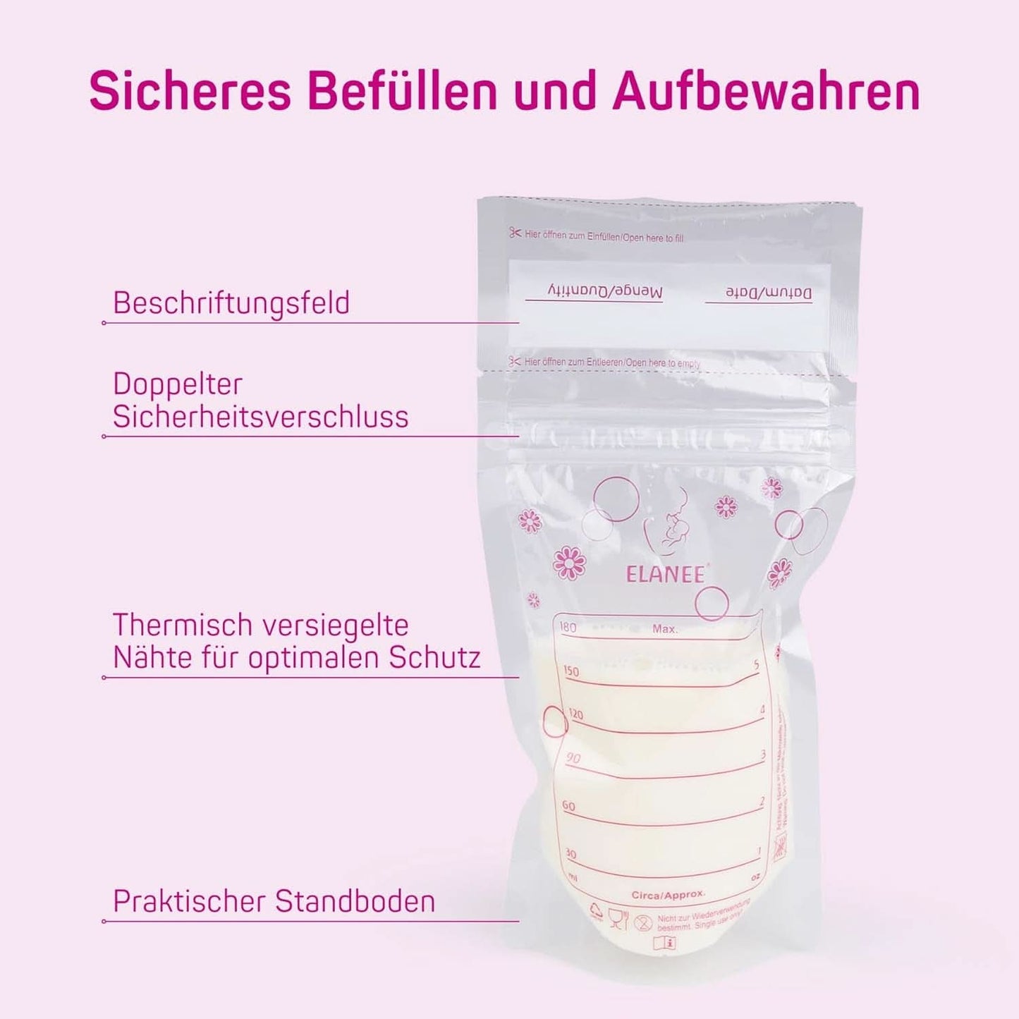 ELANEE Muttermilchbeutel, Aufbewahren & Einfrieren Von Muttermilch, Geschmackneutral Und Vorsterilisiert, Doppelter Sicherheitsverschluss, 20 Stück, Mit Standfuß (711-00) Babymat och amningstillbehör Naty Shop