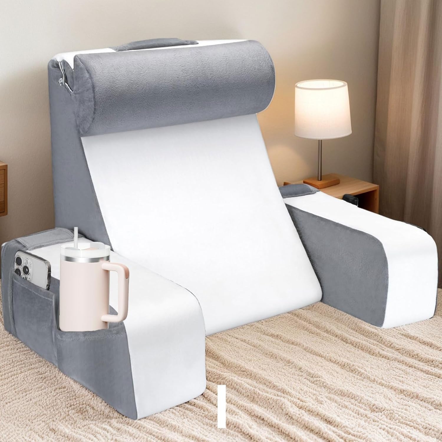 Stor läskudde för säng och soffa, ryggkudde för vuxna med nackstöd och armstöd, ergonomisk ryggkudde med ficka och tvättbart överdrag för vila, läsa, titta på TV (WH)