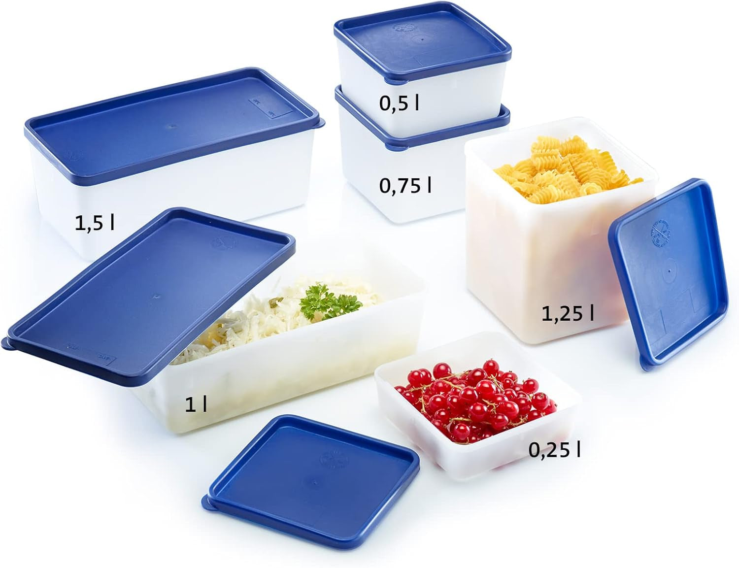 Westmark 4 matförvarings-/frysbehållare, inklusive lock, kapacitet: 0,25 l styck, stapelbar, plast, Trio, färg: transparent/blå, 25042270 Matförvaringslådor Naty Shop