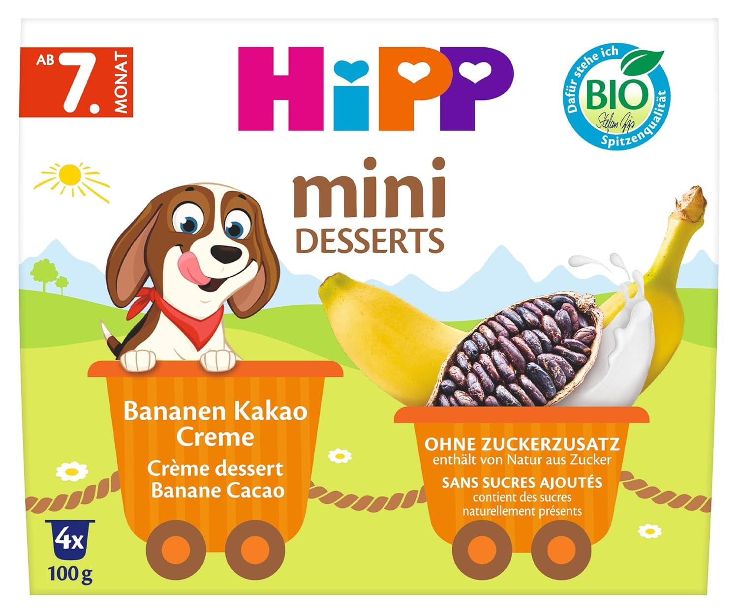 HiPP Mini Dessert Ekologisk Banan och Kakaokräm (förpackning om 6 x 4 x 100g), från 7 månader, i praktiska koppar, utan tillsatt socker, av bästa ekologiska kvalitet