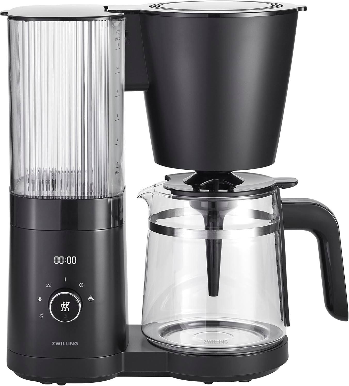 ZWILLING ENFINIGY Filter Espressomaskin med 1,5 liters glaskaraff, espressomaskin med rostfri stålpanna, blomningsfunktion och smart avkalkning, plast, silver