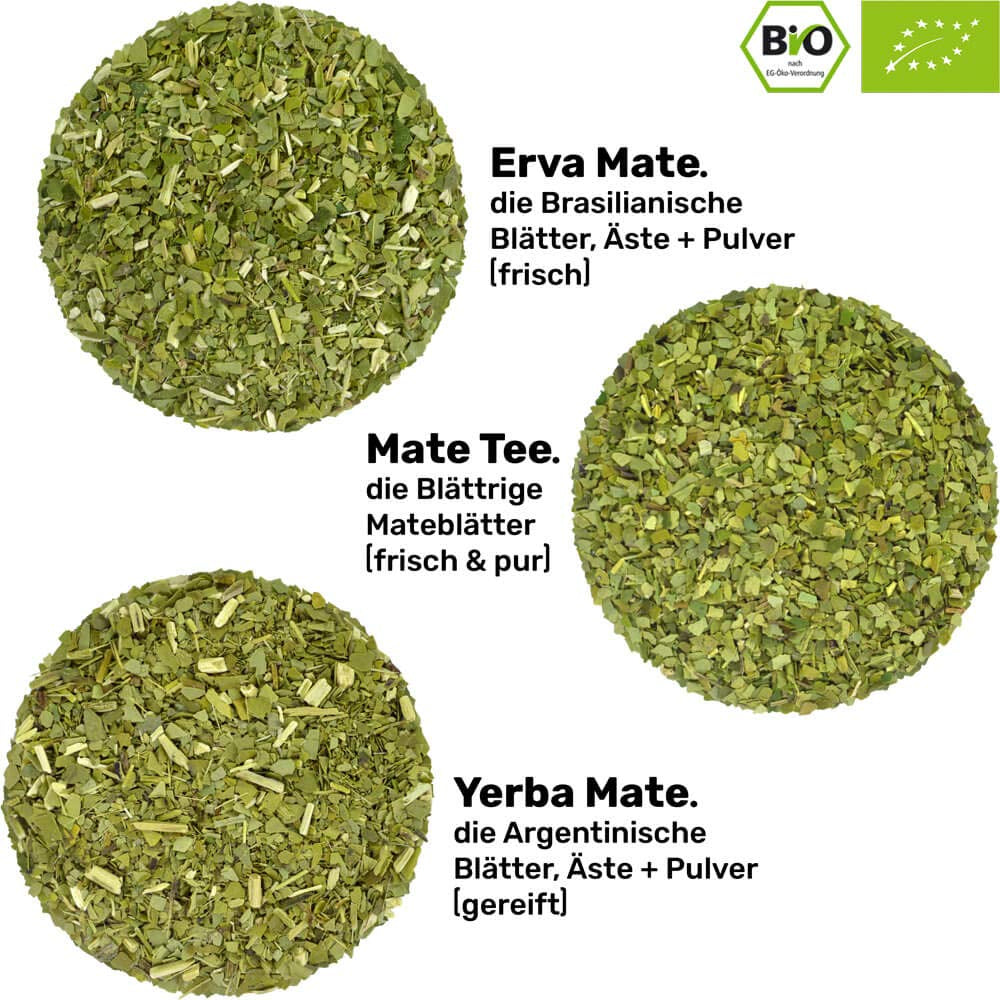 Mate-te-servis för två, ekologisk ● 2 Mate-koppar + 2 bombillas + 300 g Mate-te + tillagningsinstruktioner