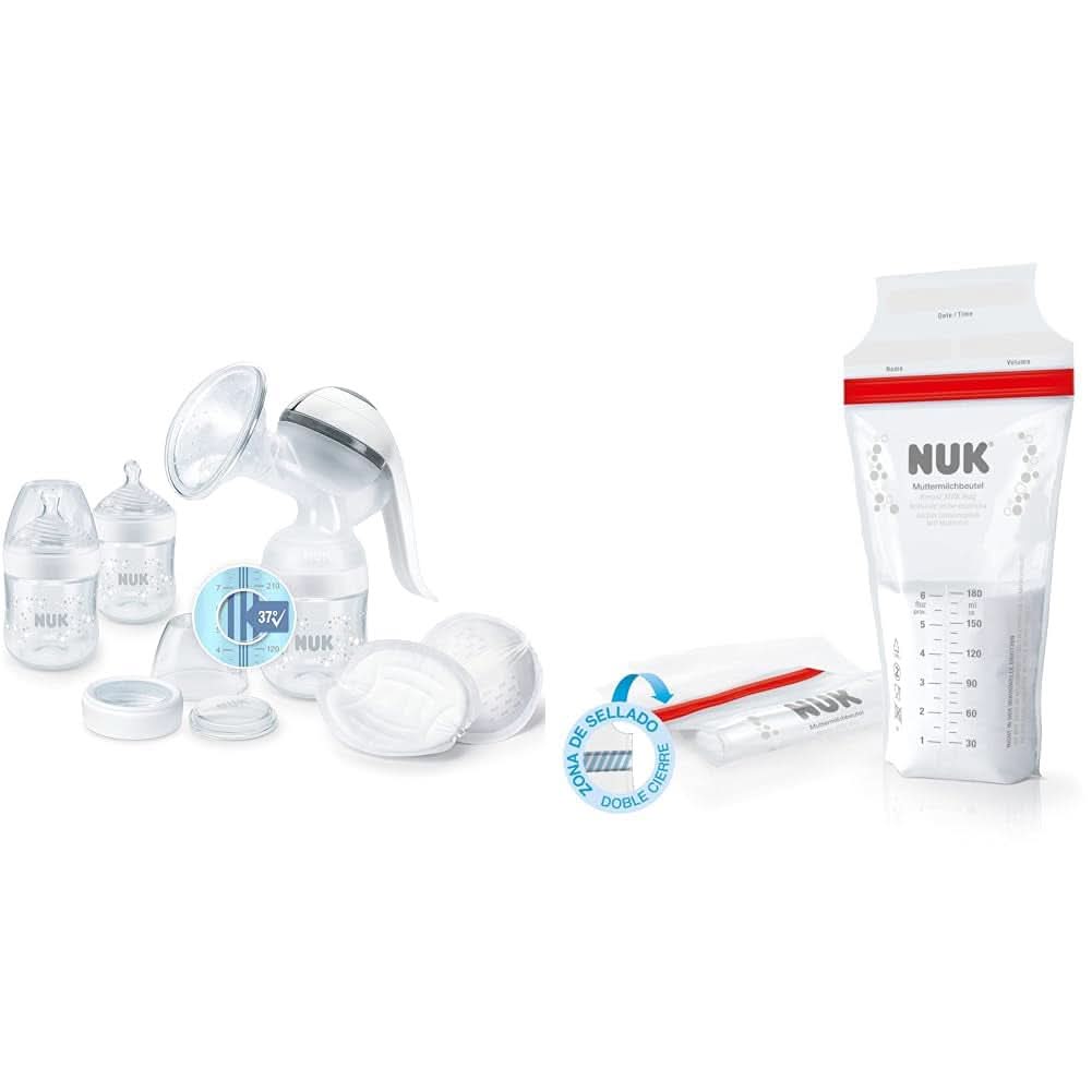 NUK Nature Sense manuell bröstpump | Amningsset med manuell bröstpump, flaskor och amningsskydd Ultra Dry Comfort | 6 st Mat- och amningstillbehör Bebe Naty Shop Paket med påse för bröstmjölk Med temperaturkontroll