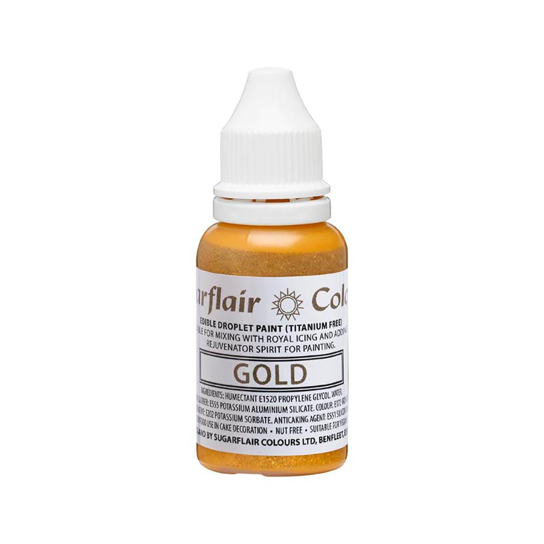 Sugarflair Edible Drop Paint Liquid Gold - Livsmedelsfärg för sugarpaste, smörkräm - Kan användas med en airbrush - 14ml