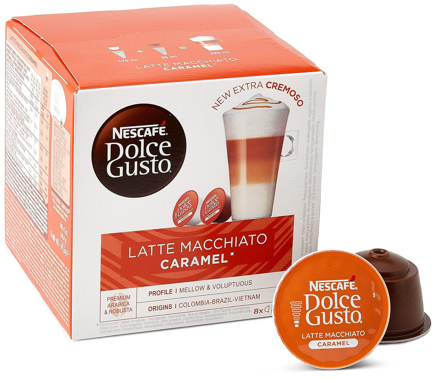 Latte Macchiato | 96 Kaffeekapseln & Latte Macchiato Caramel | 48 Kaffeekapseln | Arabica Robusta Blandning | Feines Caramell Aroma och leckerer Milchschaum