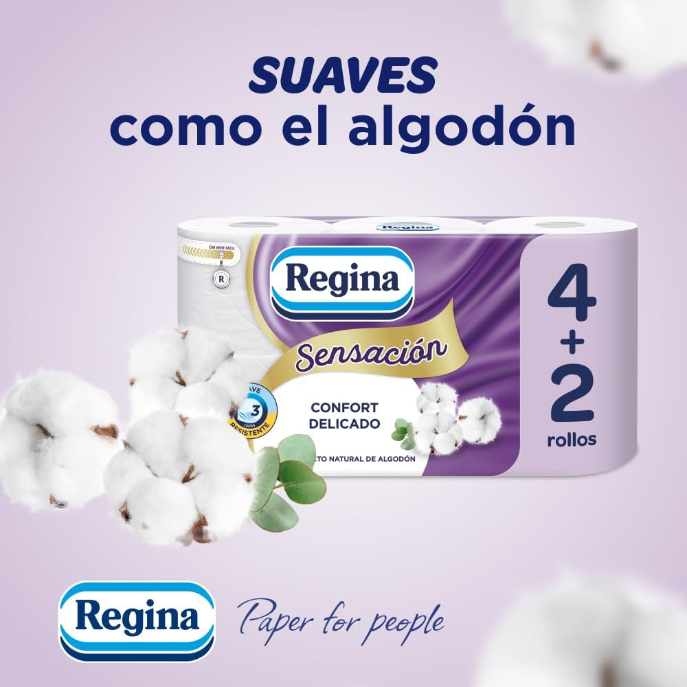 Regina Feeling - 42 rullar toalettpapper, 175 ark med tre lager, naturligt bomullsextrakt och delikat doft, 60 % återvunnen plastförpackning, 100 % Fsc-certifierat papper