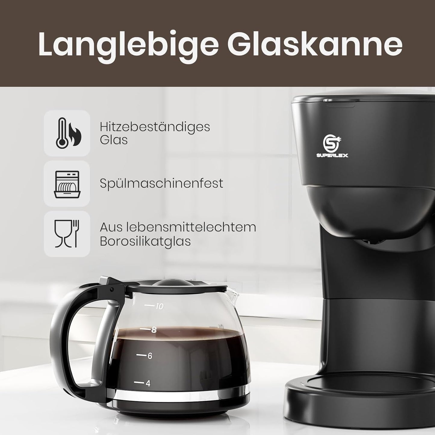 1,25L filterkaffebryggare för 10 koppar filterkaffe, diskmaskinssäker glaskaraff, termos, anti-droppsystem, automatisk avstängning, 600W, vattenfritt kokskydd för hem och kontor