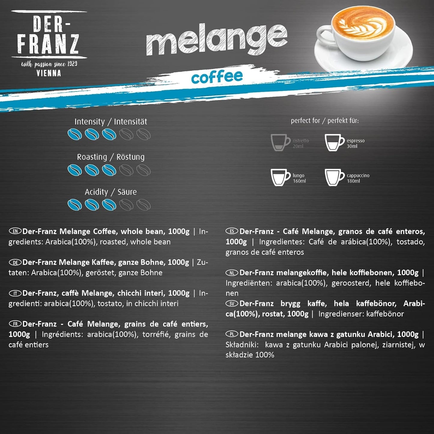 Der-Franz Melange kaffe, styrka 3/5, 100 % Arabica, hela kaffebönor, 4 x 1000 g