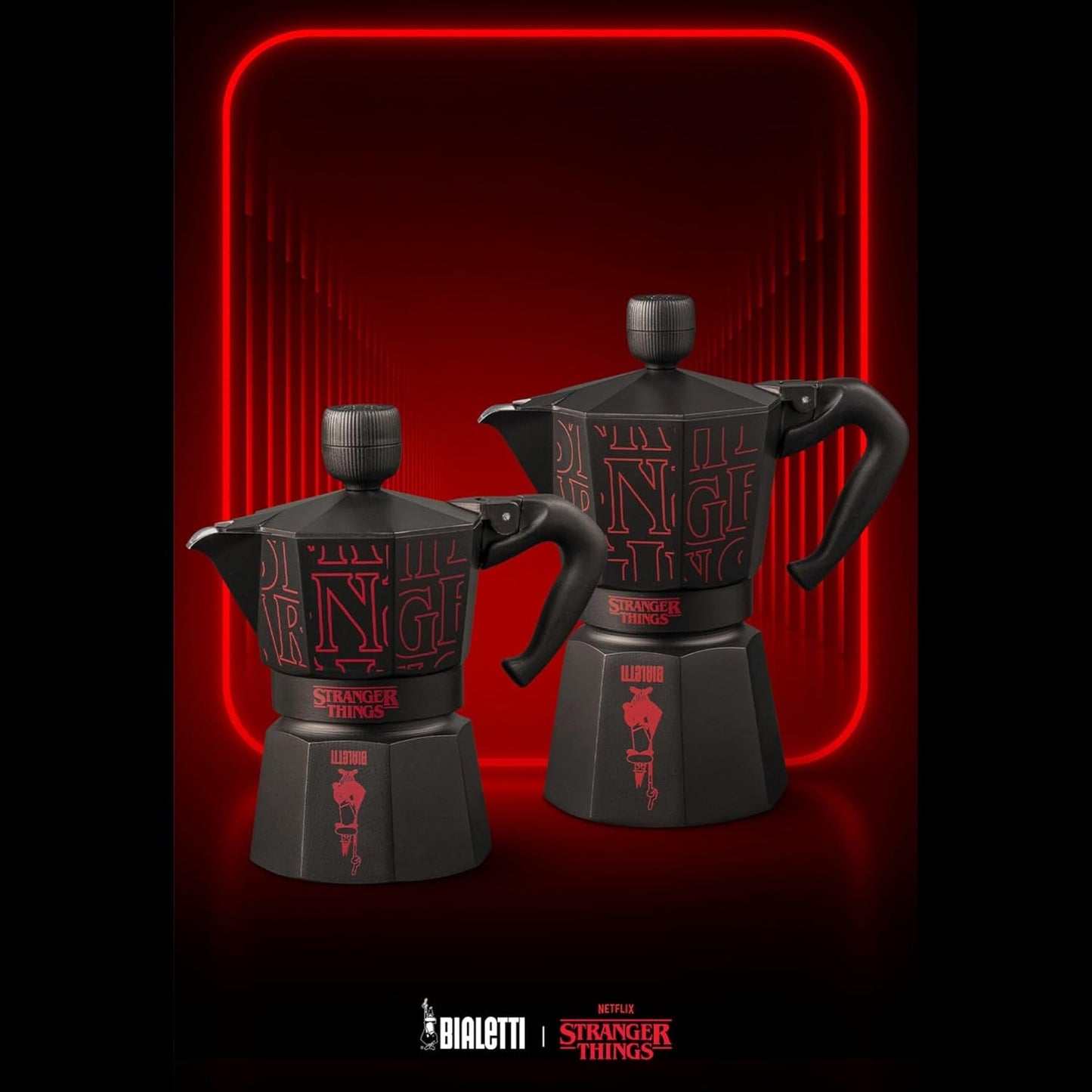 Bialetti Moka Express Stranger Things 3-kopps kaffebryggare, Musikknapp med USB-C-laddningsfunktion, Ej lämplig för induktionshällar, 3 koppar (130 ml), Svart
