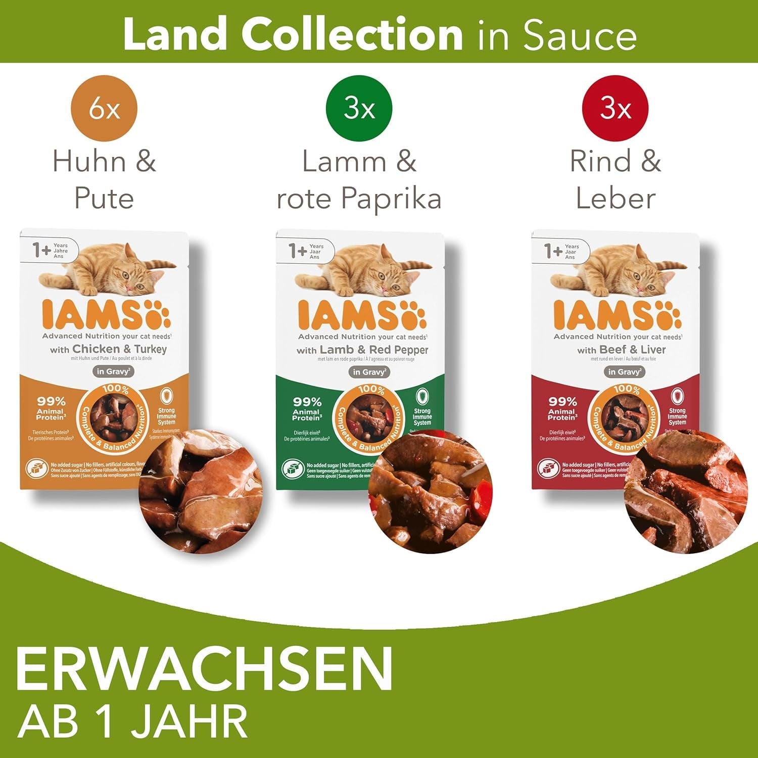 IAMS Delights Land Collection Våtfoder för katter - Multipack med köttsorter (lamm, nötkött, kyckling och kalkon) i sås, våtfoder för katter från 1 år, 12 x 85g