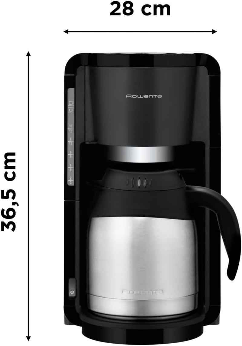 Rowenta Adagio Filter Espressomaskin, Termokanna i rostfritt stål, Håller kaffet varmt i upp till 4 timmar, 10-15 kopparkapacitet, 1,25L Kapacitet, Avtagbar filterkorg, Autoavstängning, Svart, CT3818
