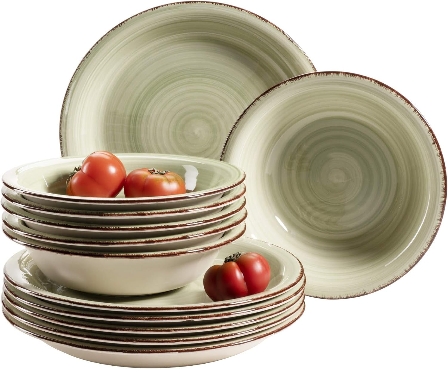 MÄSER servisset för 6, modern vintagelook, 12-delad bordsservering, handmålad, grön, kakel, olivgrön (Bel Tempo II)