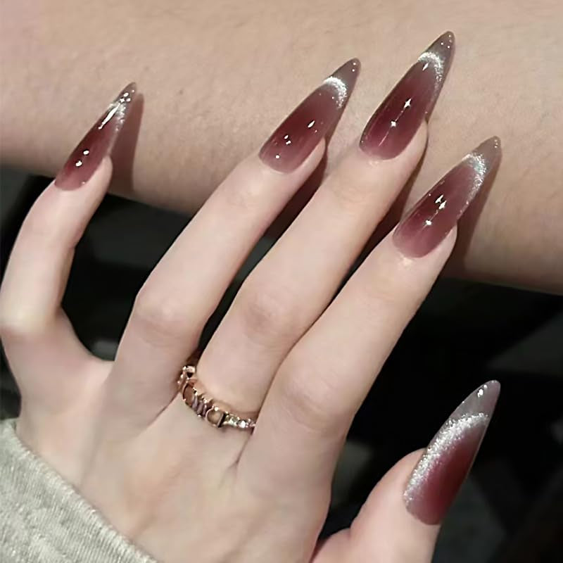 Mouyouglow Långa naglar Stiletto Milky White Gradient Rosa Glitter Coola falska naglar med lim Rosa Ombre Glitter konstgjorda naglar