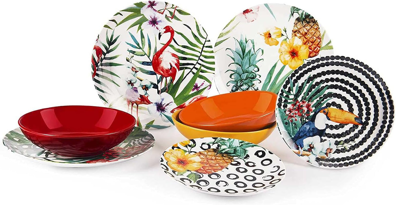 Excelsa Tropical Chic Tallrik Set, 18 Stück, Porzellan, mehrfarbig