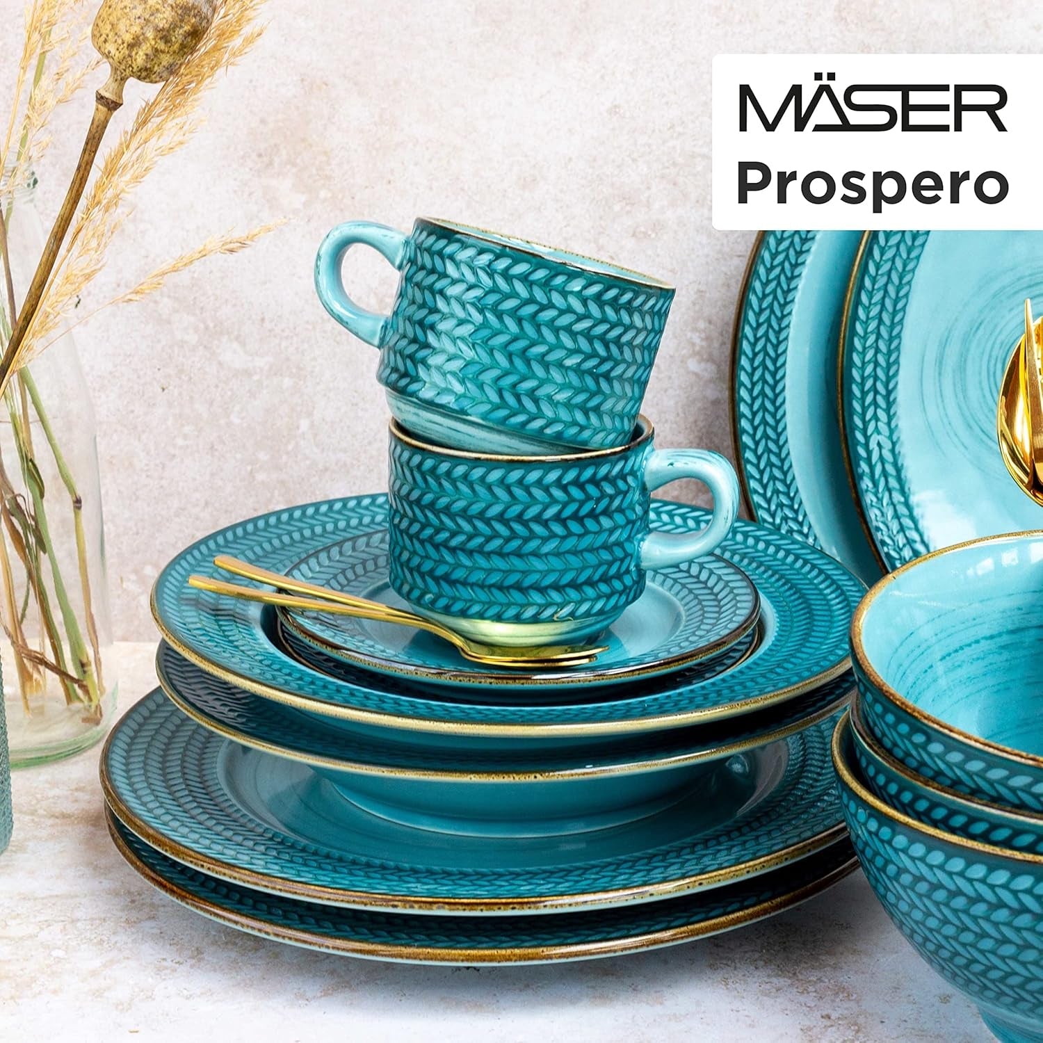 Prospero Premium kaffeservis för 4, restaurangkvalitet, modern kaffeservering i 12 delar i unik vintagestil, slitstarkt porslin, blått