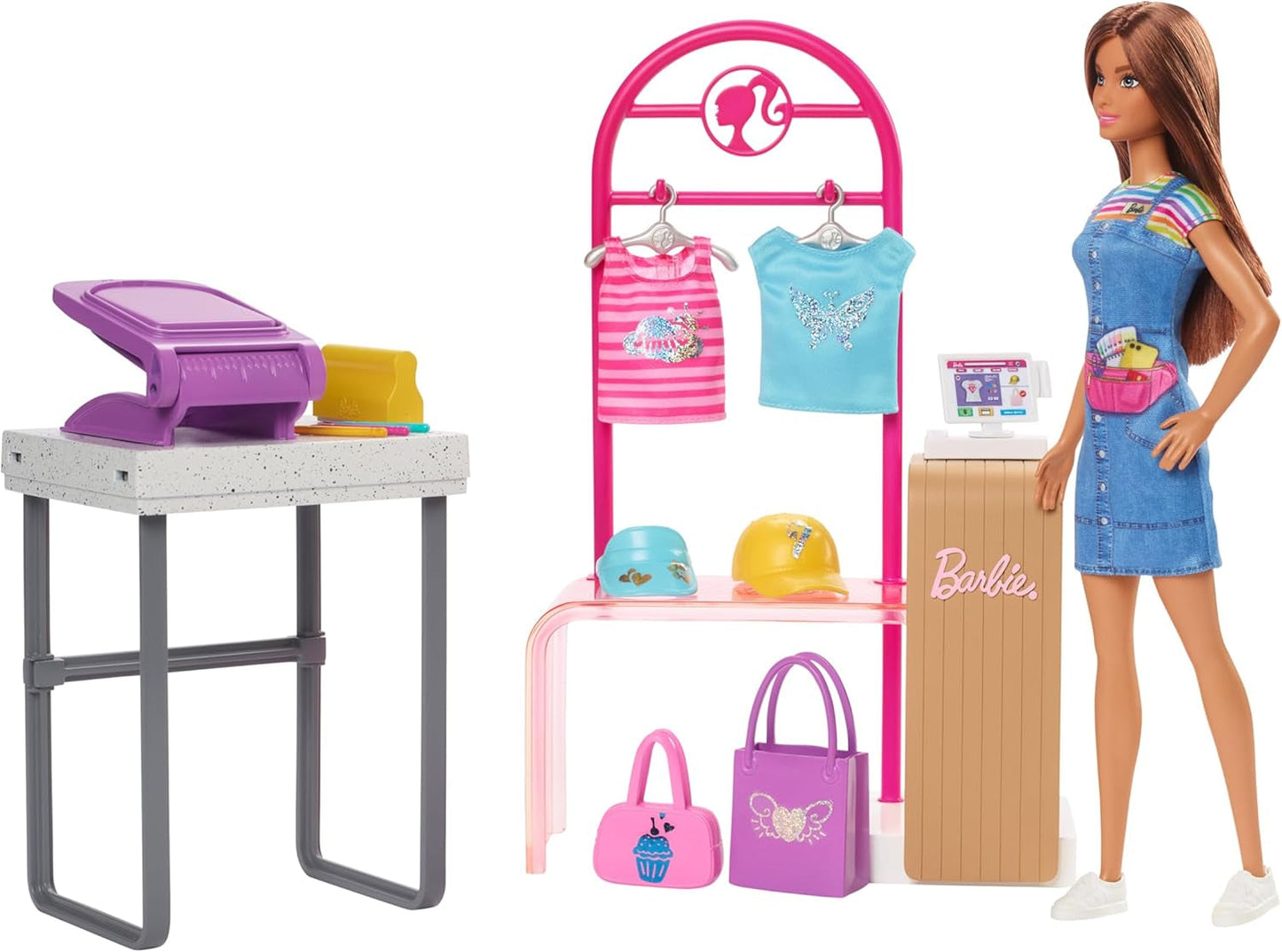 Barbie Fashion Boutique Playset - foliemönsterdocka, över 150 originalutseende, innehåller 2 blusar och 5 folielakan, klädställ och kreditkortsläsare, 3+, HKT78