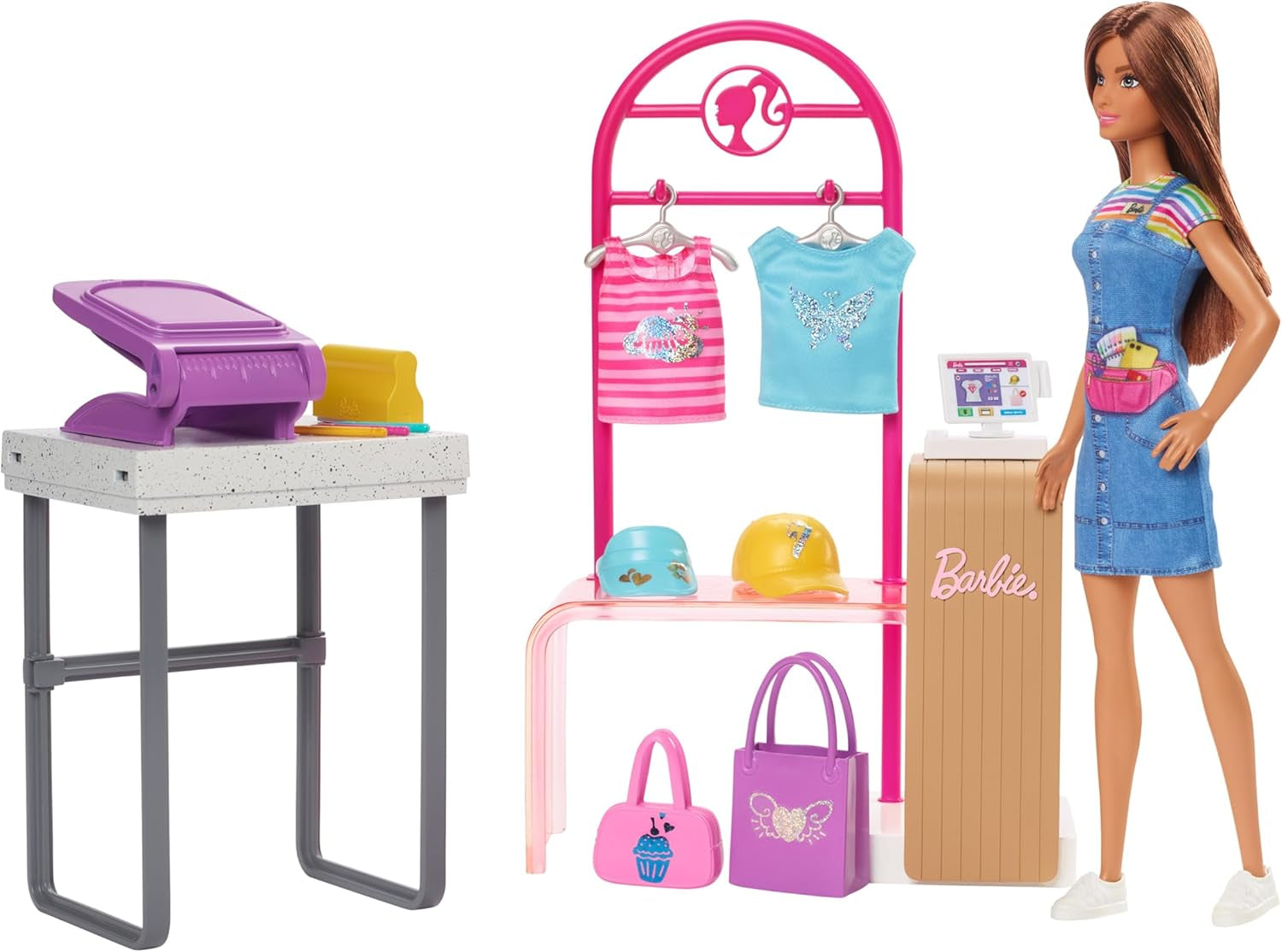 Barbie Fashion Boutique Playset - foliemönsterdocka, över 150 originalutseende, innehåller 2 blusar och 5 folielakan, klädställ och kreditkortsläsare, 3+, HKT78