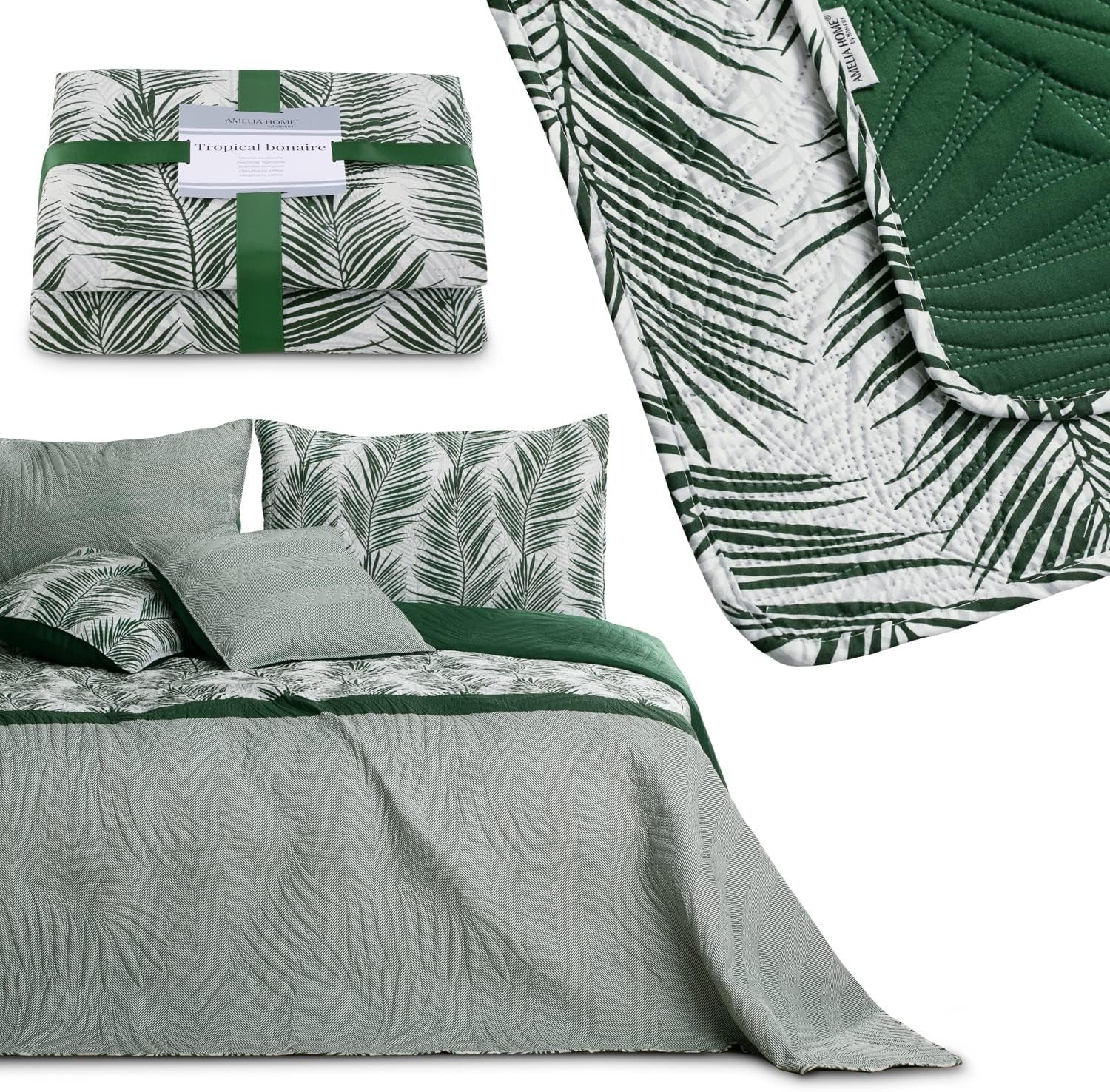 Ameliahome Överkast Överkast 170X210 Cm Dubbelsidigt Lättskött Överkast Växtmönster Grön Vit Tropiska Bonaire Sängar och filtar Besuche den AmeliaHome-Store