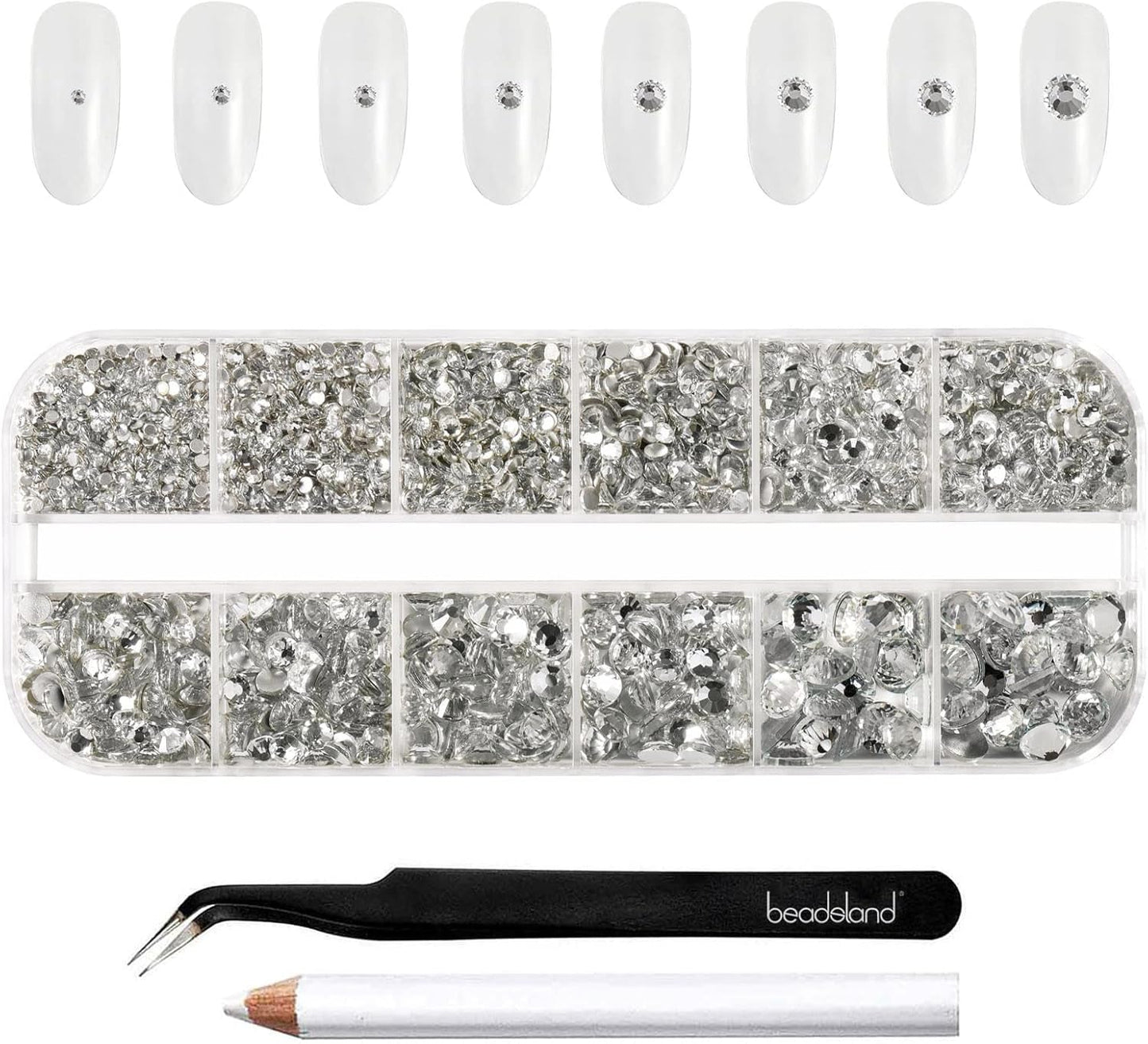 Beadsland 2500st Glas Nailart Strasssteine ​​​​Kristall Flatback Edelsteine ​​​​Runde, ​​Für Handwerk Gemischt 8 Größen SS4 ~ SS30 Mit Picking Pinzette Und Stift (Kristall Weiss)