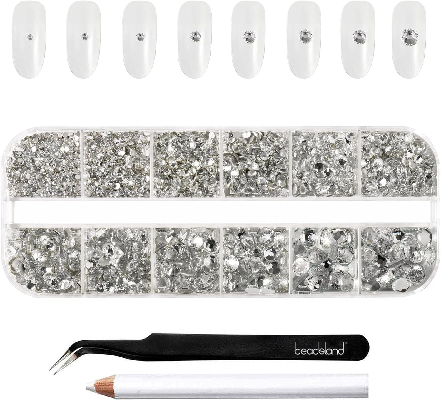 Beadsland 2500st Glas Nailart Strasssteine ​​​​Kristall Flatback Edelsteine ​​​​Runde, ​​Für Handwerk Gemischt 8 Größen SS4 ~ SS30 Mit Picking Pinzette Und Stift (Kristall Weiss)