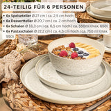 SÄNGER Key West | Stengods servisset 24-delat mattallrik set för 6 6 middagstallrikar spannmålsskålar Desserttallrikar Pasta skålar Cream serviser med sandig textur | VÄRDESAMLING