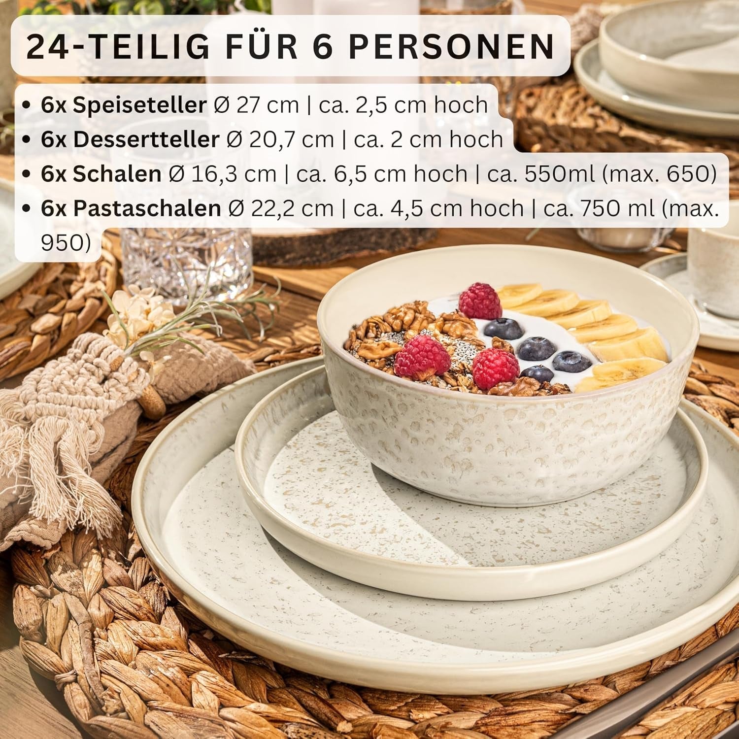 SÄNGER Key West | Stengods servisset 24-delat mattallrik set för 6 6 middagstallrikar spannmålsskålar Desserttallrikar Pasta skålar Cream serviser med sandig textur | VÄRDESAMLING