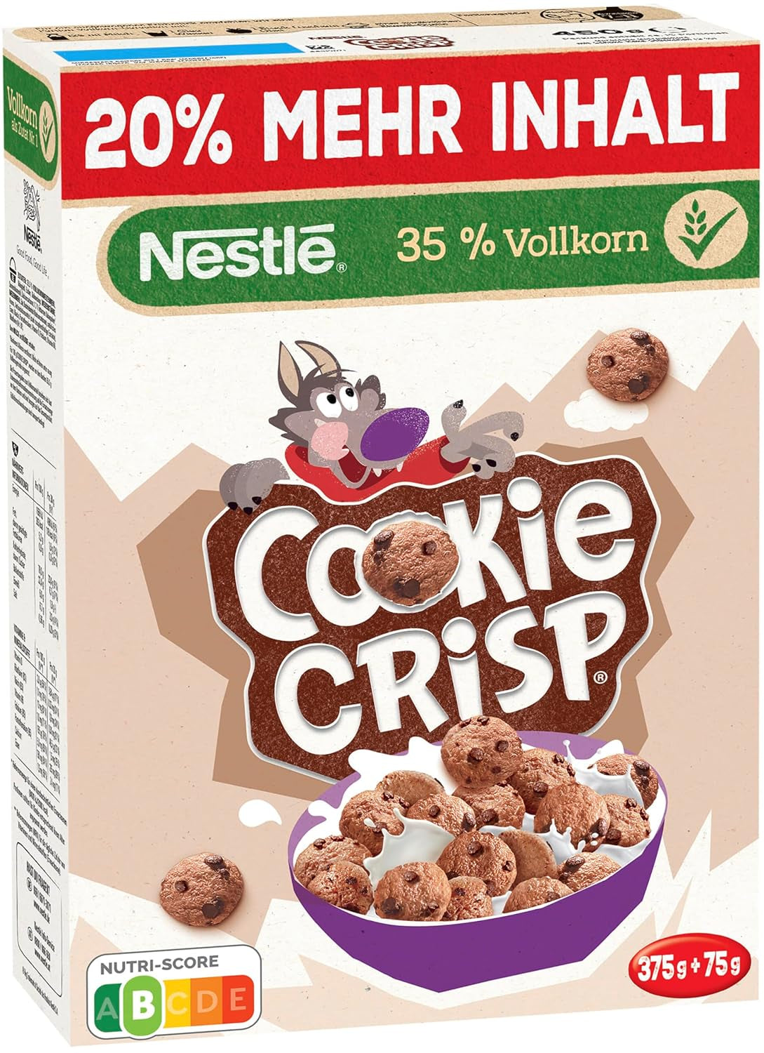 Nestlé Cookie Crisp (+20%), fullkornsfrukostkexflingor för barn, förpackning om 1 (1x450g)