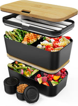 Umami Lunchbox för vuxna, läckagesäker stapelbar Bento-låda med 4 bestick och fack, Vuxen Lunchbox, To-Go-salladsbehållare, Picknick-/kontorslunchlåda, kolgrå, 1500 ml