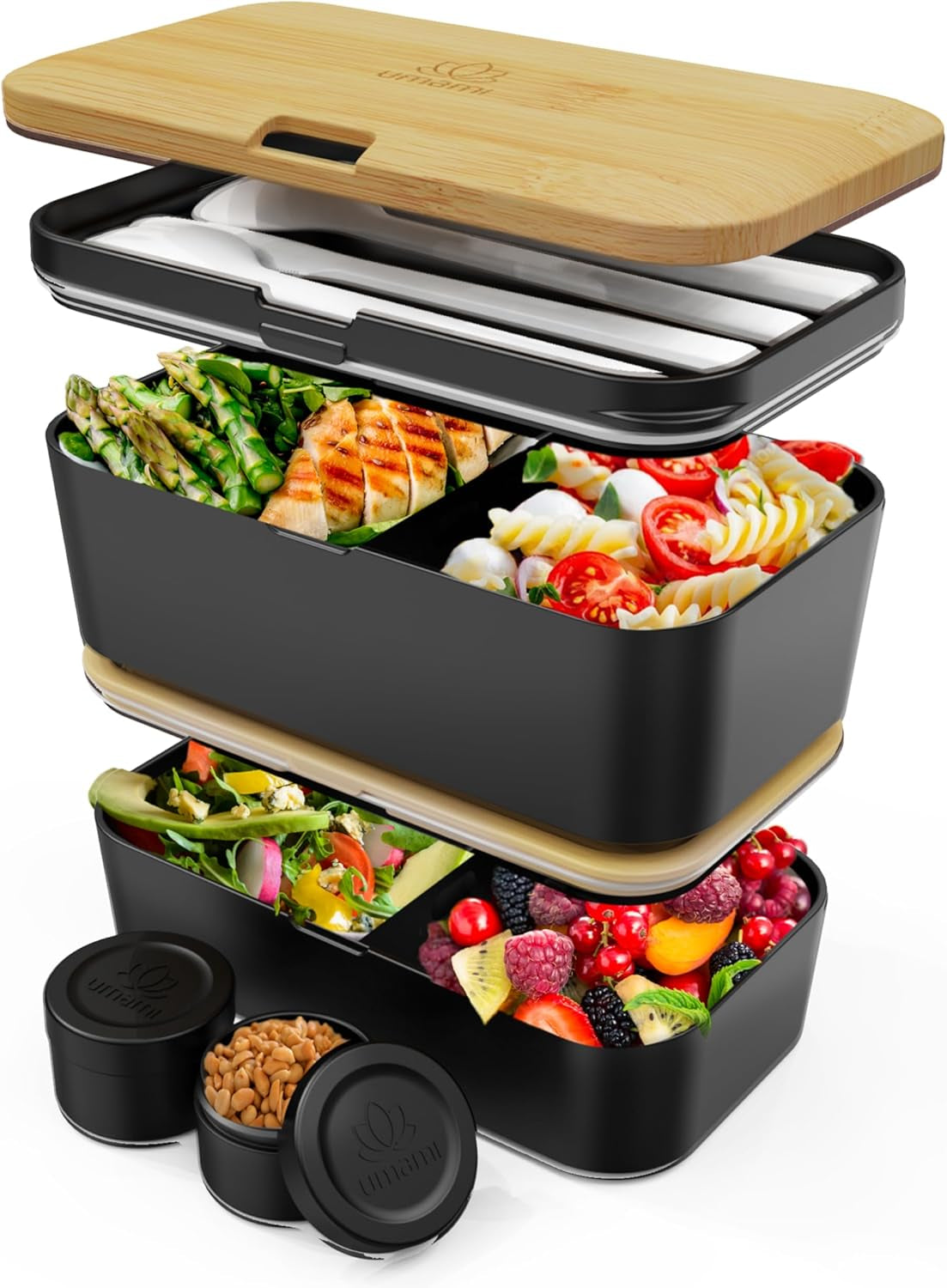 Umami Lunchbox för vuxna, läckagesäker stapelbar Bento-låda med 4 bestick och fack, Vuxen Lunchbox, To-Go-salladsbehållare, Picknick-/kontorslunchlåda, kolgrå, 1500 ml