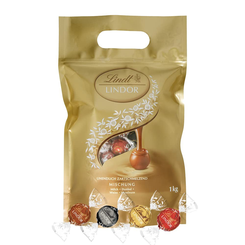 Sortiment Lindt Choklad LINDOR | 1371 g, Klassisk | ca. 80 bollar choklad (mjölk, vit, mörk 60%, hasselnöt) | Bulkförpackning, 1 kg