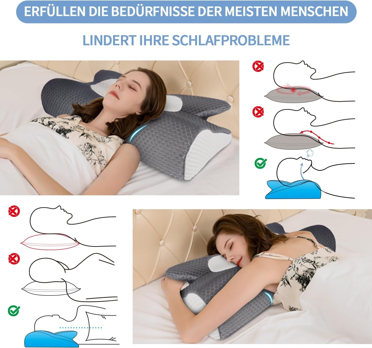 IDEA Kudde Memory Foam Kudde, Ergonomisk Kudde Ortopedisk Kudde Nacksmärta, Sovkudde för Sidorygg och buksmärta, Nackkudde Anti Snarkningskudde för Vuxna Cervikala Ortopediska Kuddar Naty Shop