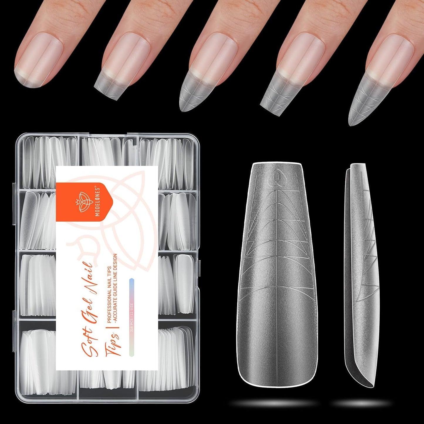 Modelones Nail Tips 216 bitar - Heltäckande Nail Tips Set, Soft Gel Tips Set, Pre-Polishing PMMA Resin Nail Tips, DIY Lime On Nail Art konstgjorda naglar, korta mandlar XS