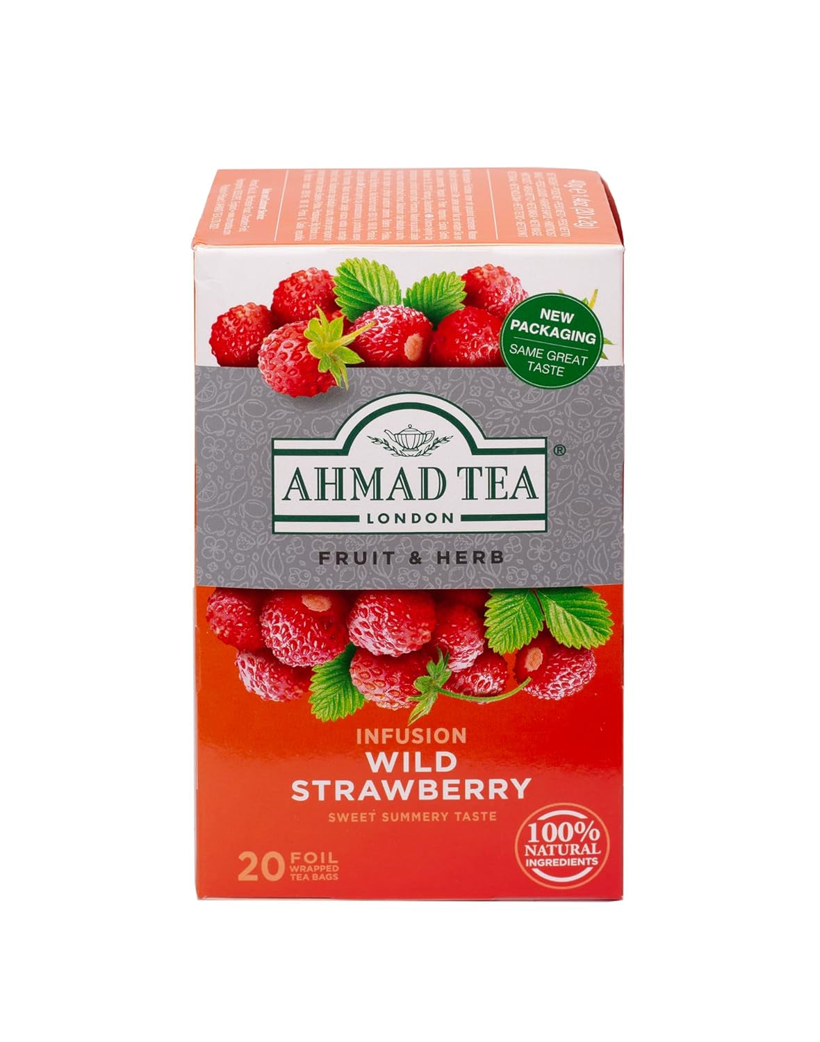 Ahmad-te - Vildjordgubb - Koffeinfritt frukt- och örtte - Jordgubb - Smakförseglade individuellt inslagna tepåsar med 2 g te per portion - 20 bandade tepåsar