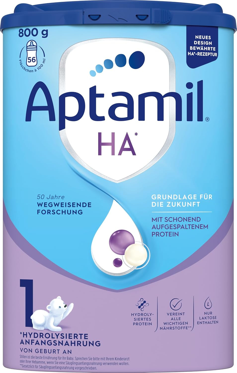 Aptamil HA 1 - Modersmjölksersättning från födseln, med DHA, laktosfri, palmoljefri, barnmat, mjölkpulver, 1 x 800 g