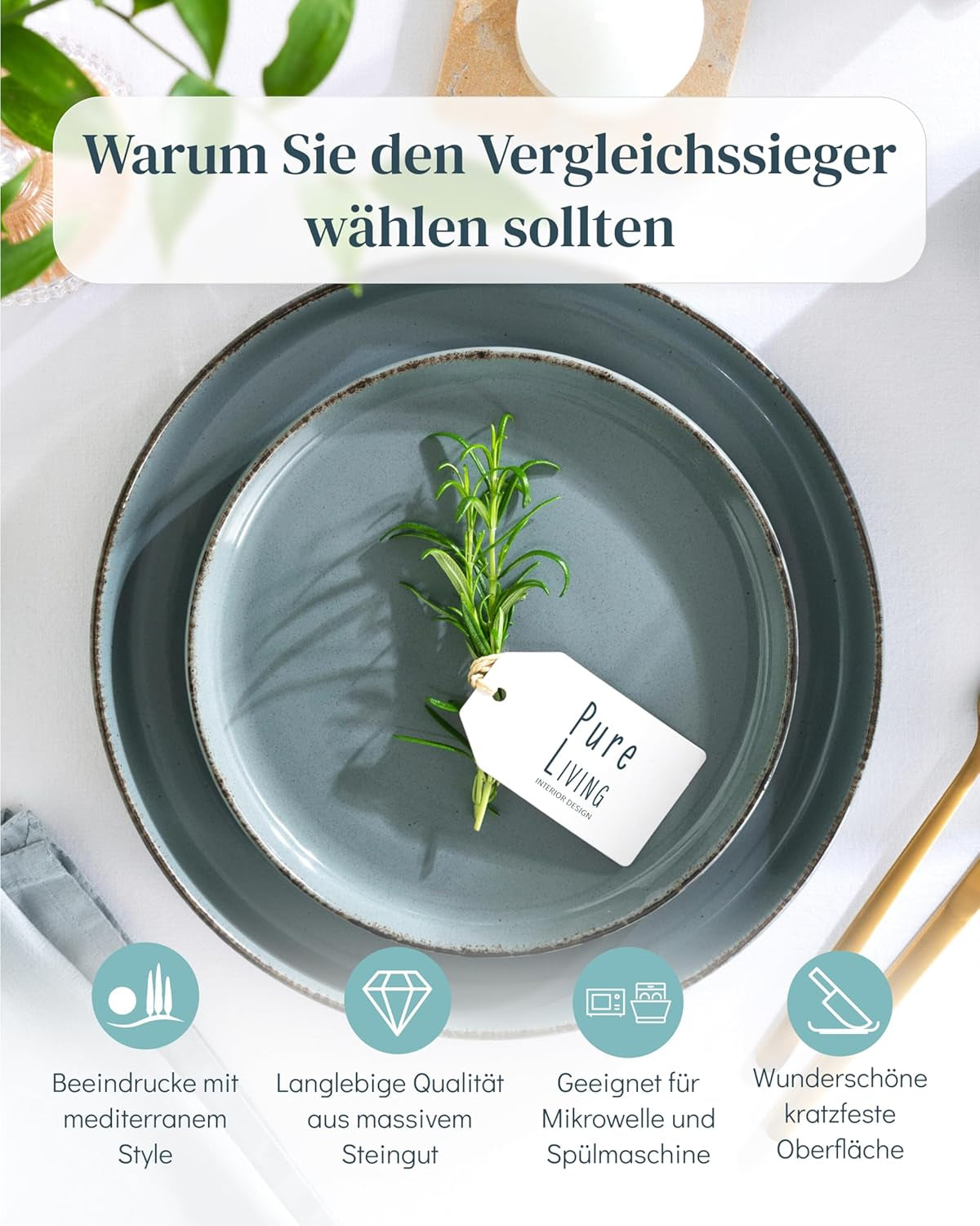 Steingut Geschirrset 12 Personen Rustik 36 tlg. TESTSIEGER, Hochwertiges Landhaussttil Steingut Geschirr Set, Schüssel- und Teller Set, Tafelservice 12 Personen, Geschirrsets Pure Living in Rauchblau