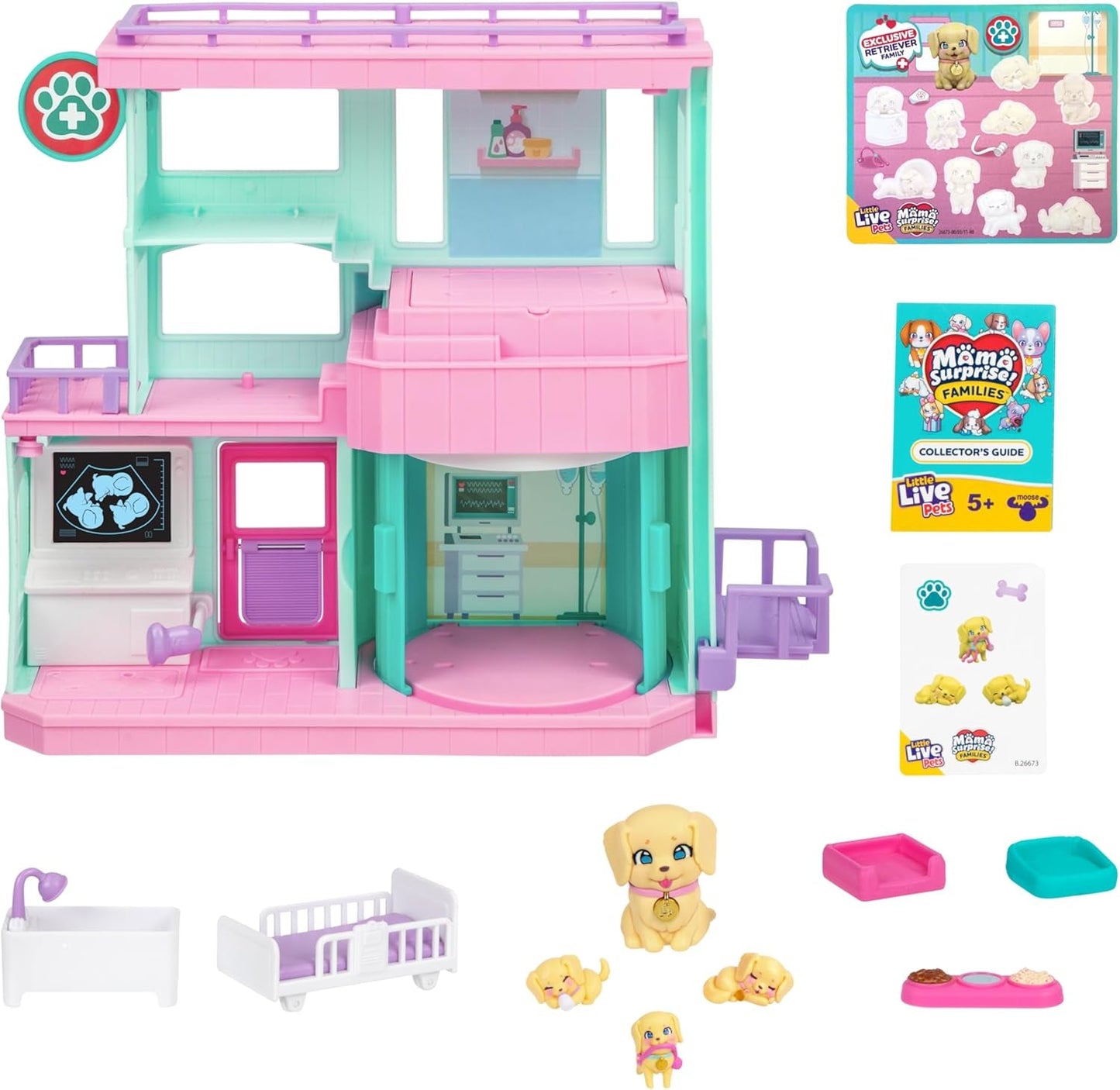 Little Live Pets Mama Surprise Families Baby Clinic lekset, 3 retrievervalpar ingår, Magic, dubbelsidigt lekset (27,8 cm B, 23,8 cm H). Mata, bada och leka, present till barn Actionfigurer Naty Shop