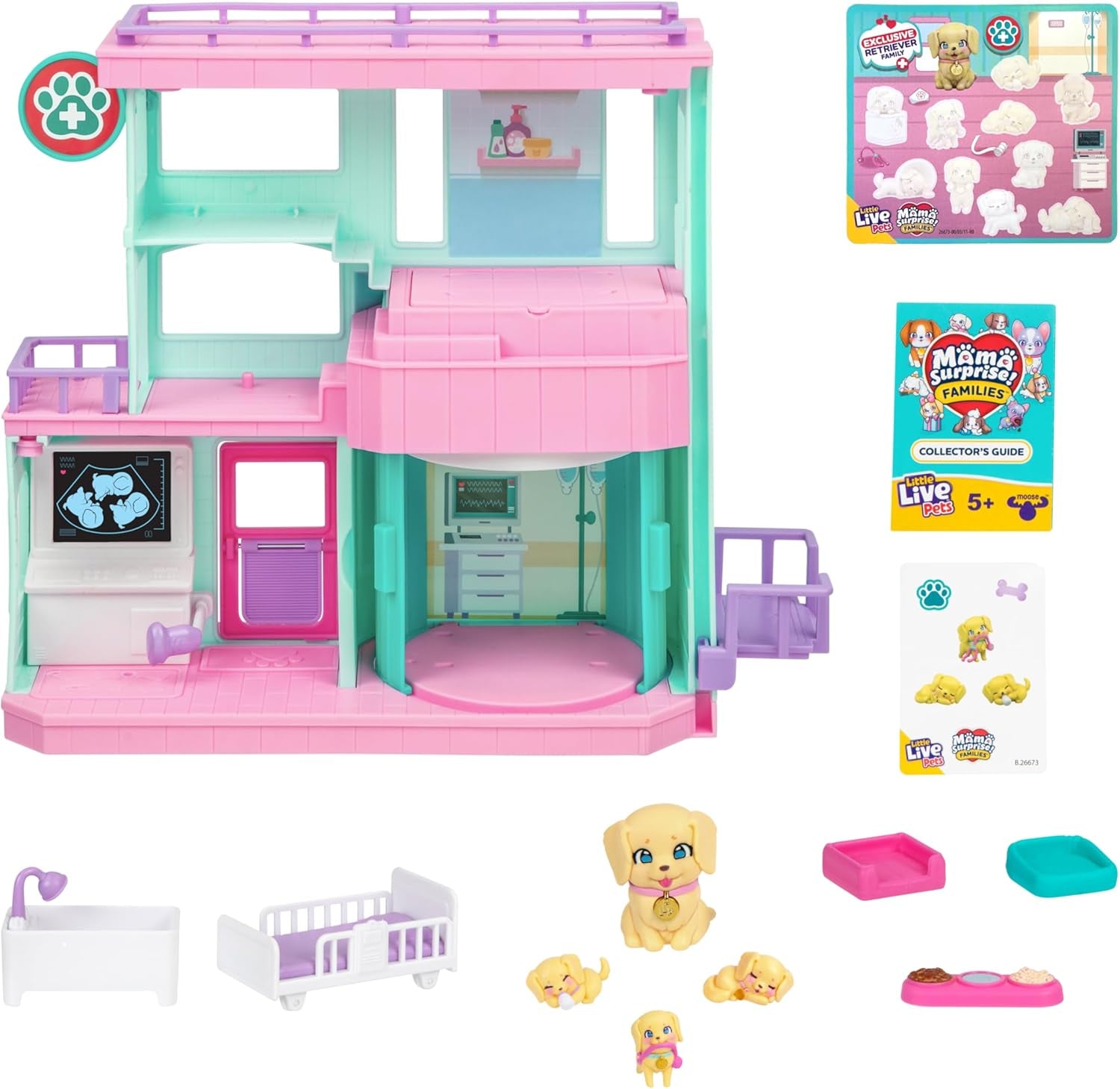 Little Live Pets Mama Surprise Families Baby Clinic lekset, 3 retrievervalpar ingår, Magic, dubbelsidigt lekset (27,8 cm B, 23,8 cm H). Mata, bada och leka, present till barn Actionfigurer Naty Shop