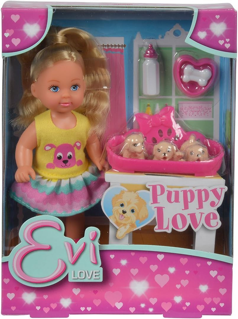 Simba 105733041 - Evi Love Puppy Love med TRE valpar, med hundhus och tillbehör, modedocka, 12 cm, för barn från 3 år och uppåt